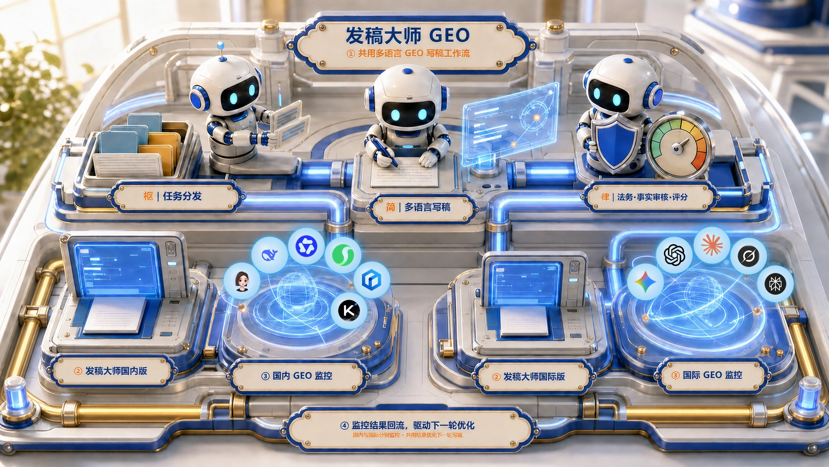 发稿大师 GEO 国内与国际两个战区共用一套作战系统：枢、简、律 3 个 AI Agent 共用多语言内容工作流，国内与国际分别投送、监控和复测，战果回流下一轮优化