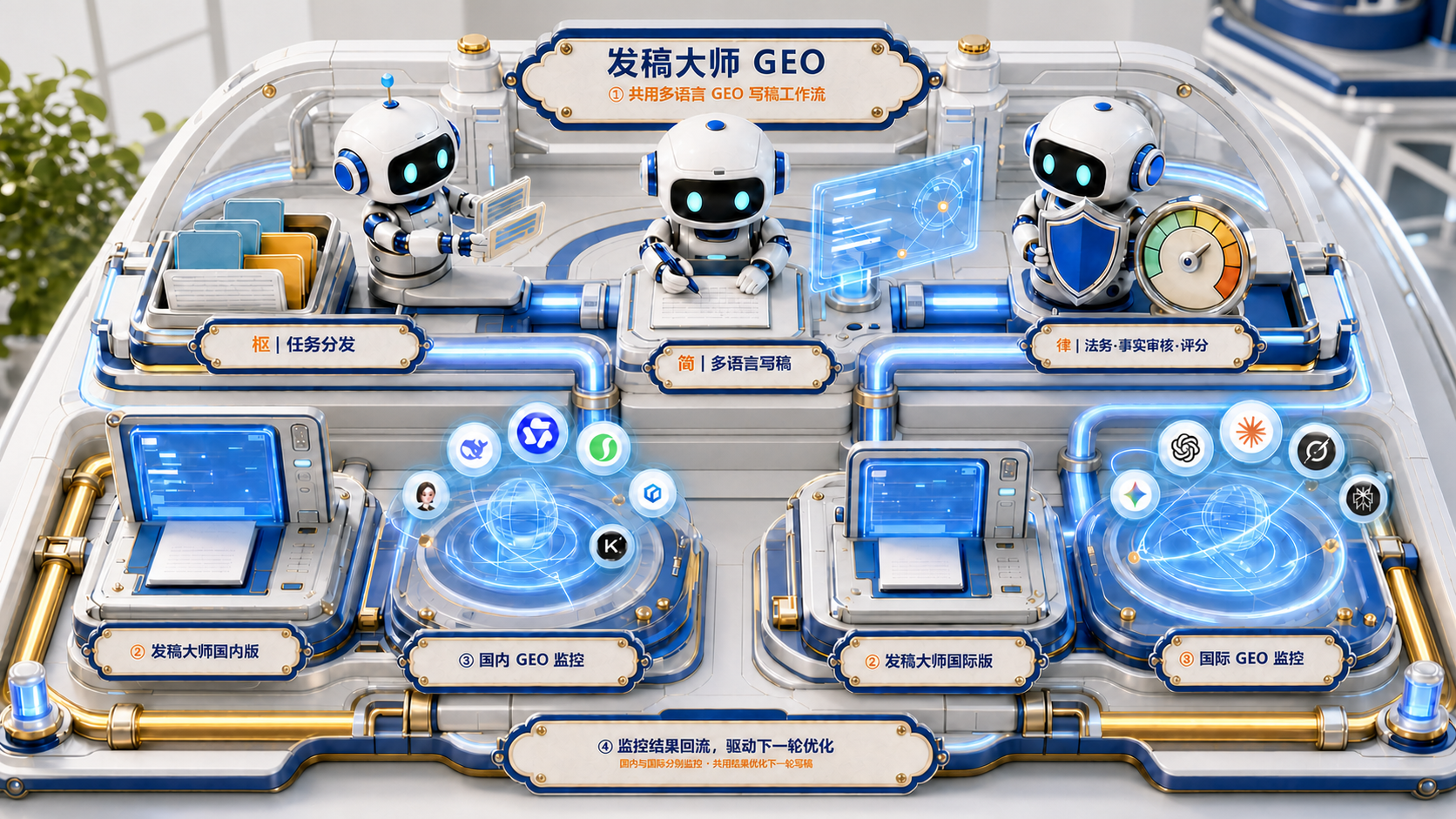 发稿大师 GEO 国内与国际两个战区共用一套作战系统：枢、简、律 3 个 AI Agent 共用多语言内容工作流，国内与国际分别投送、监控和复测，战果回流下一轮优化